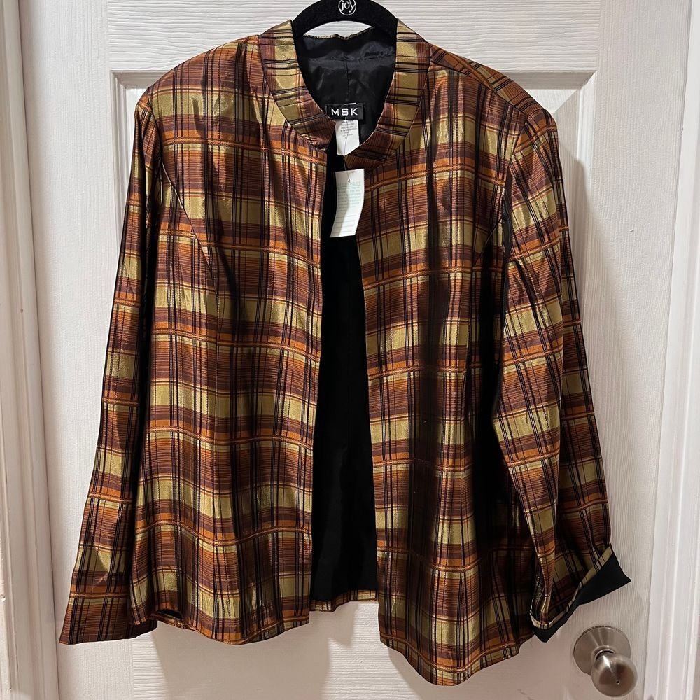 MSK Plaid Open Front Jacket Blazer Brown Gold Metallic Shimmer Evening Wear-XL